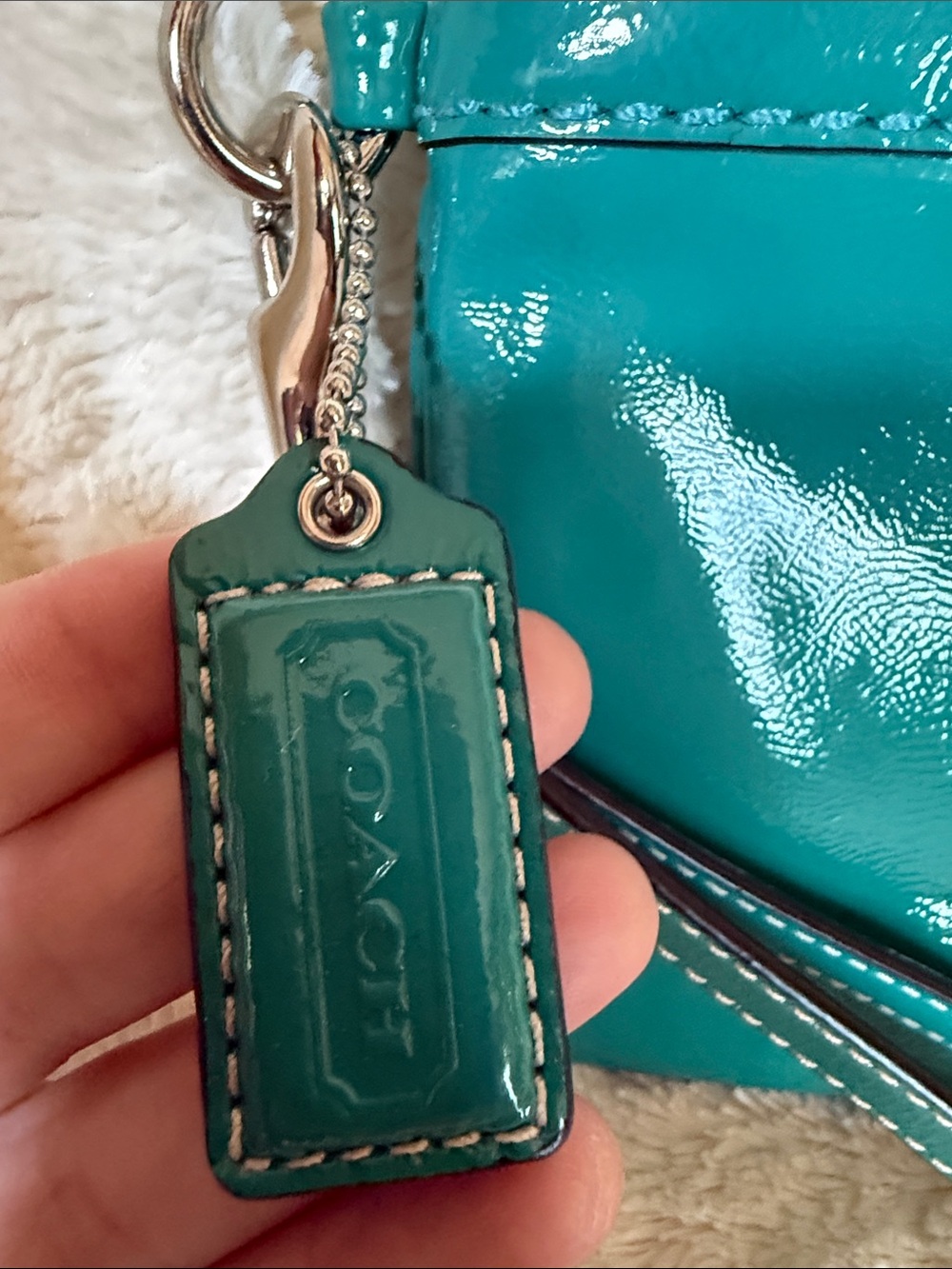 Coach Teal Green Patent Leather Slim Wristlet Zip Top Pouch Silver Hardware - Picture 2 of 8